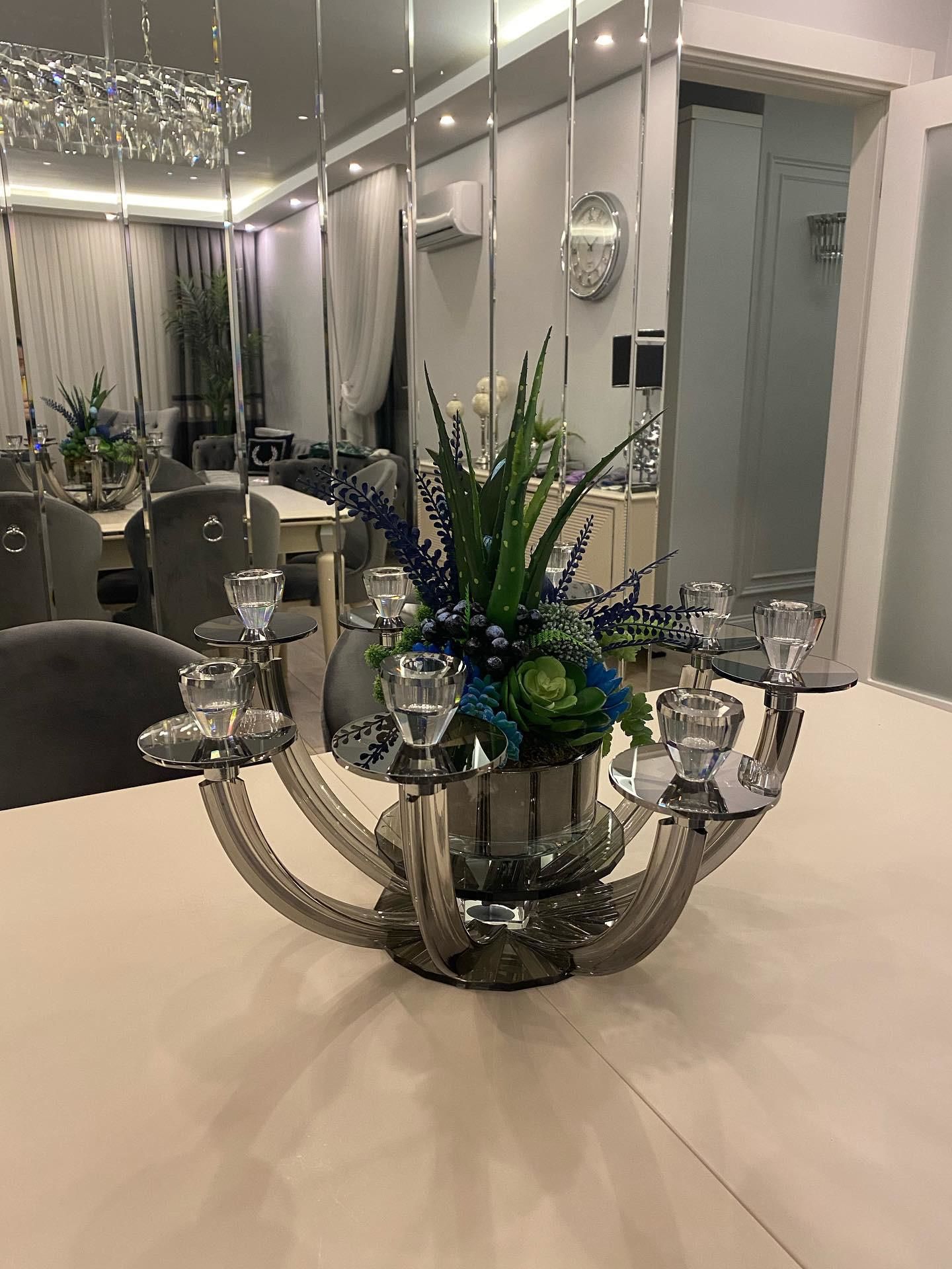 8 Kollu Füme Renk Kristal Şamdan & Çiçek Tanzimli Vazo No:3