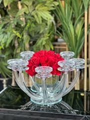 8 Kollu Şeffaf Renk Kristal Şamdan & Gül Tanzimli Vazo