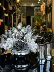 Yapay Çiçekli Gümüş Yassı Vazo 3 Parça Set No:31