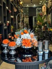 Yapay Çiçekli Gümüş Yassı Vazo 5 Parça Set No:10