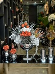 Yapay Çiçekli Gümüş Kare Ayak Vazo 5 Parça Set No:11