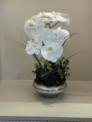 Islak Orkideli Küçük Boy Çizgili Yassı Vazo/Gümüş