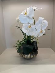 Islak Orkideli Küçük Boy Çizgili Yassı Vazo/Eskitme