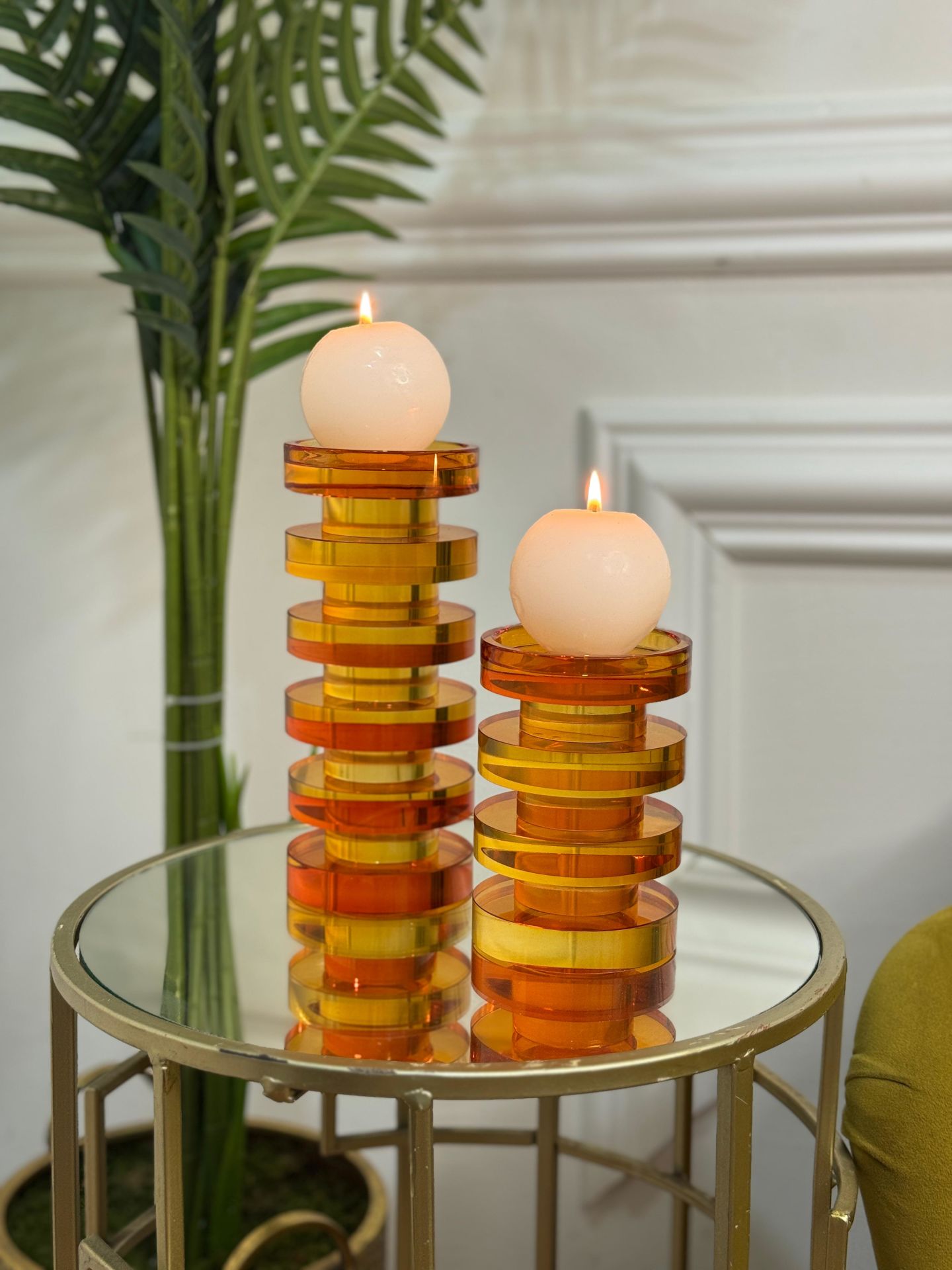 İkili Kristal Galata Mumluk Set - Turuncu