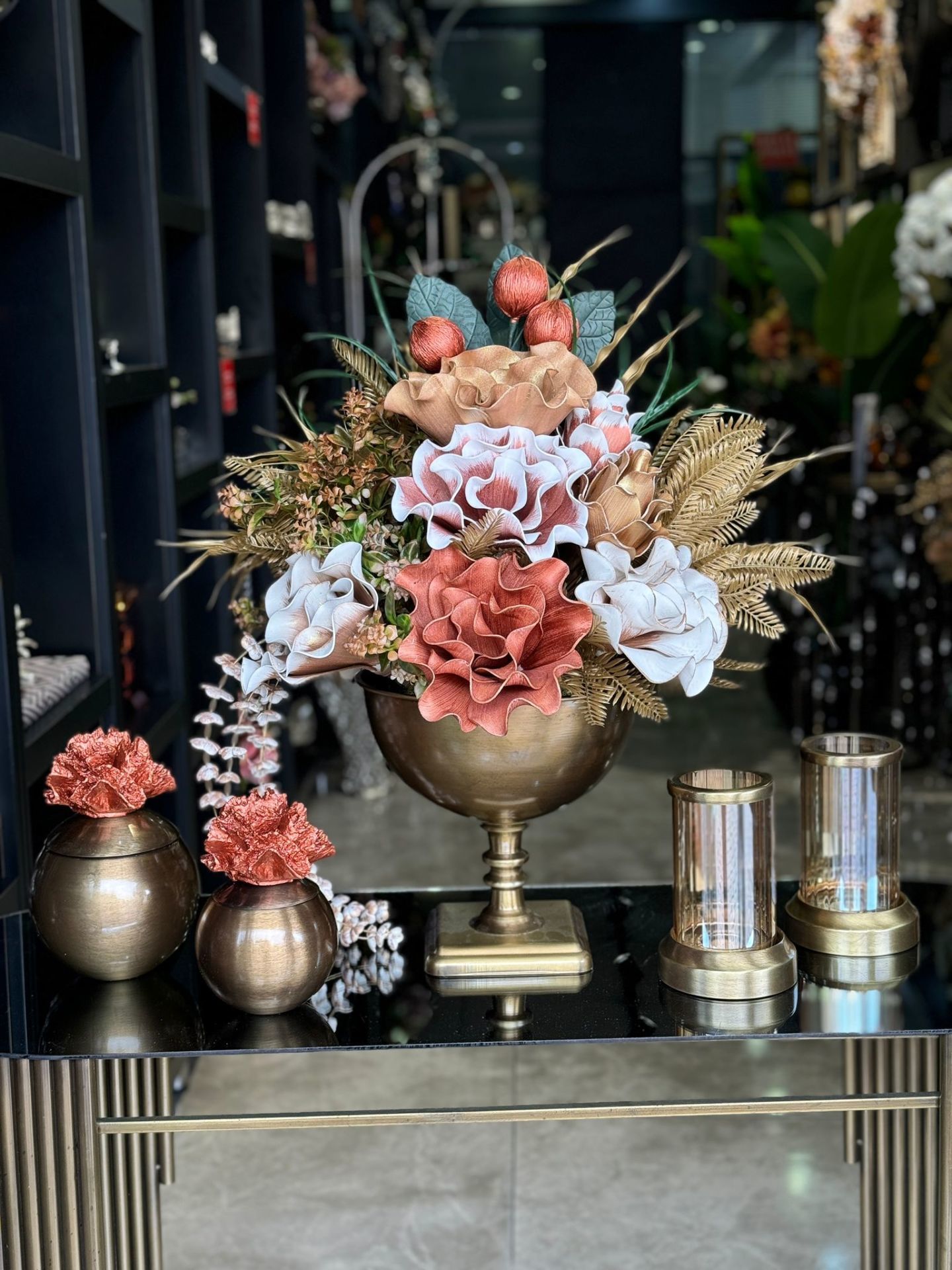 Yapay Çiçekli Antik Kare Ayak Vazo 5 Parça Set No:3