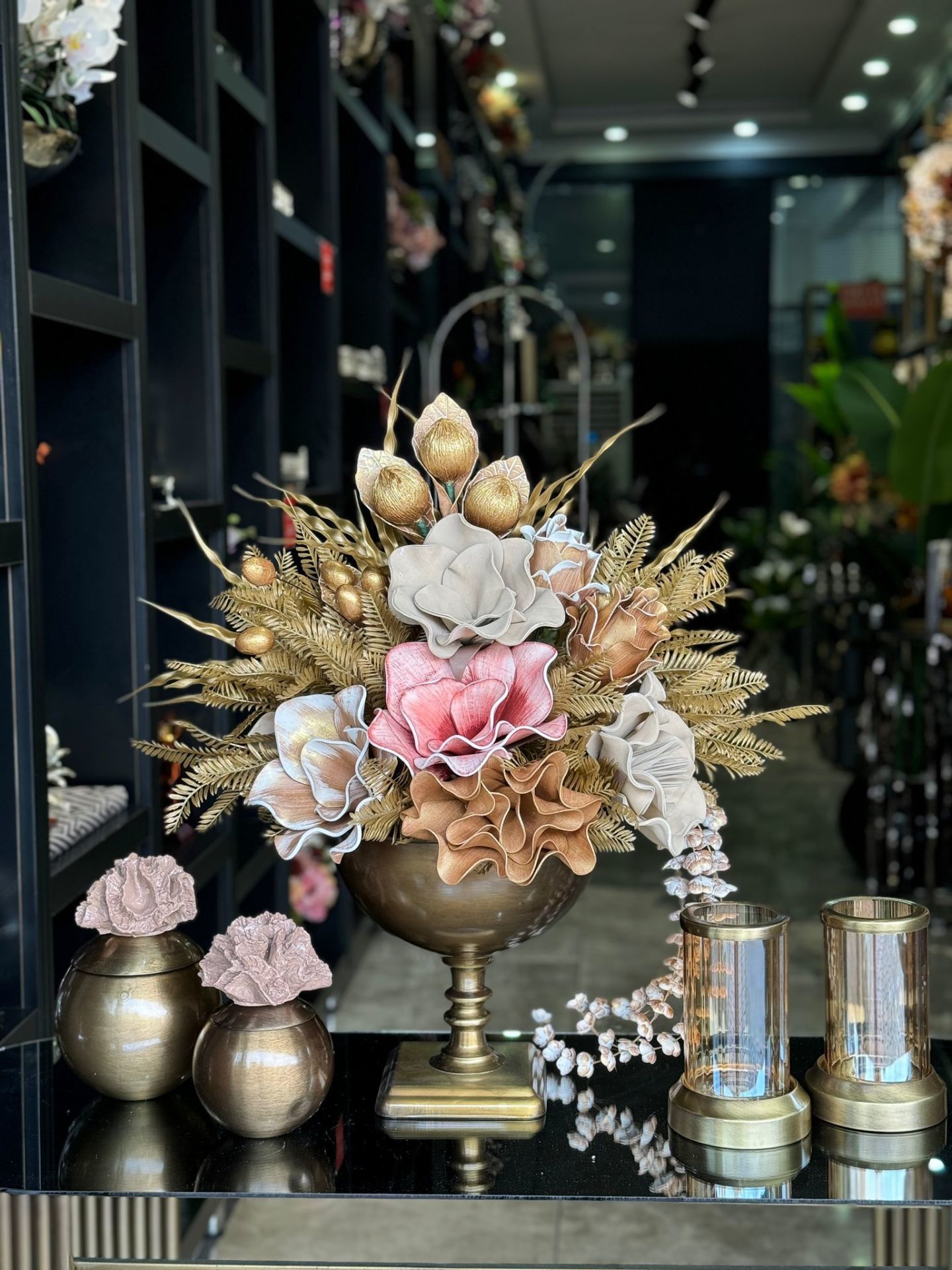 Yapay Çiçekli Antik Kare Ayak Vazo 5 Parça Set No:5