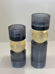 İkili Kristal İthal Mumluk Set - Füme Renk Bal Küreli