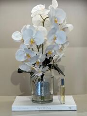 İki  Dal Yapay Orkideli Cam Vazo(Gümüş Plaka)