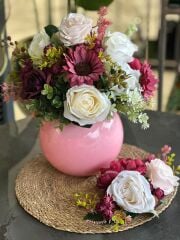 Pembe Cam Vazolu Yapay Çiçek ve Supla Set