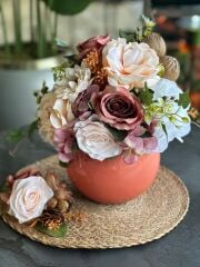 Turuncu Cam Vazolu Yapay Çiçek ve Supla Set