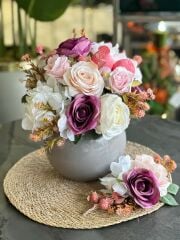 Gri Cam Vazolu Yapay Çiçek ve Supla Set