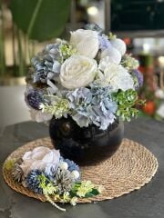 Siyah Cam Vazolu Yapay Çiçek ve Supla set