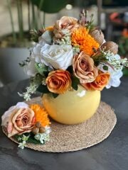 Sarı Cam Vazolu Yapay Çiçek ve Supla Set