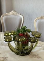 8 Kollu Yeşil  Renk Kristal Şamdan & Çiçek Tanzimli Vazo