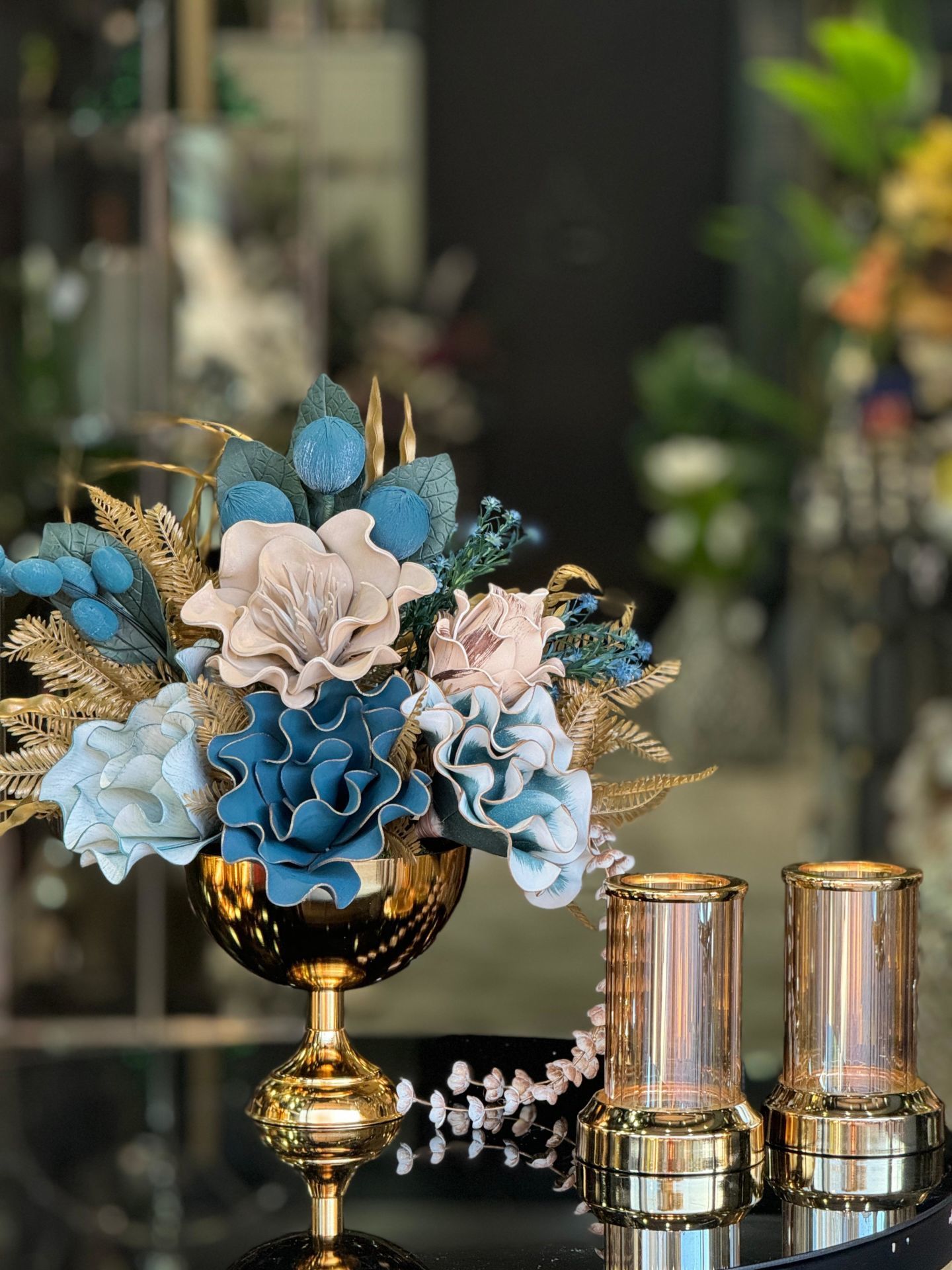 Yapay Çiçekli Gold Yuvarlak Vazo 3 Parça Set No:11