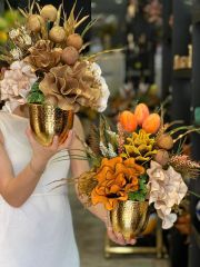 Yapay Çiçekli Gold Dövmeli Vazo No:6