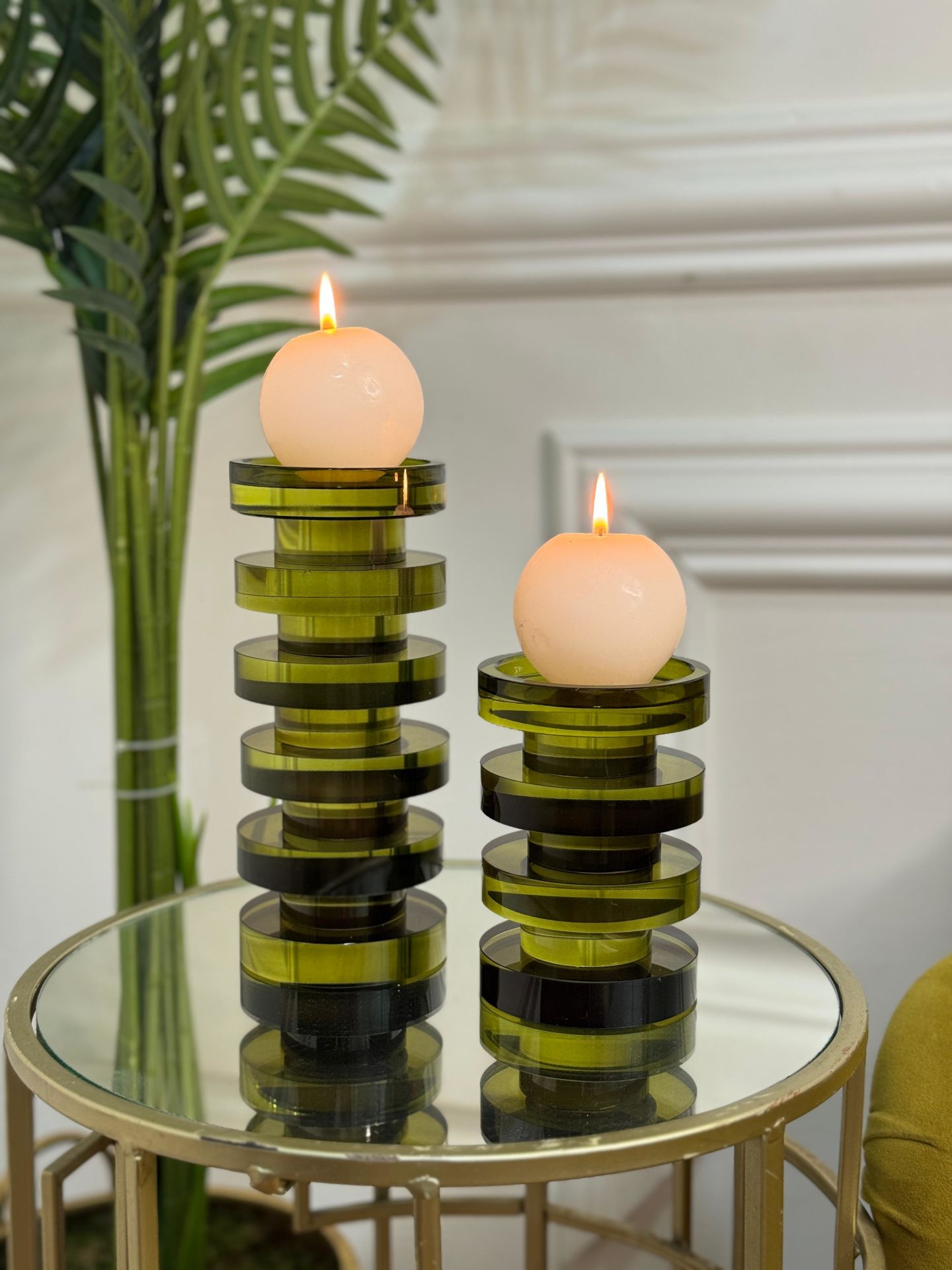 İkili Kristal Galata Mumluk Set - Haki Yeşil