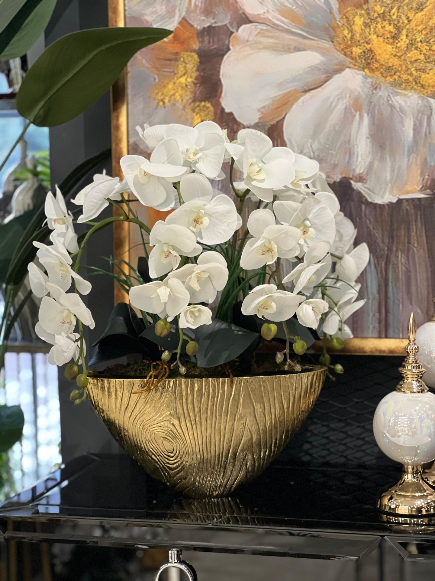 Yapay Islak Orkideli Gold İthal Döküm Vazo