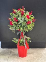 Kırmızı Metal Saksıda Çiçekli Top Ağaç